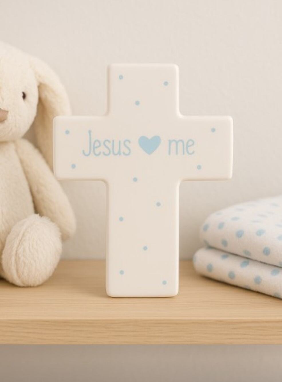 Precious Moments Jesus Loves Me Cross Blue Baby Ceramic Wall Decor 164465